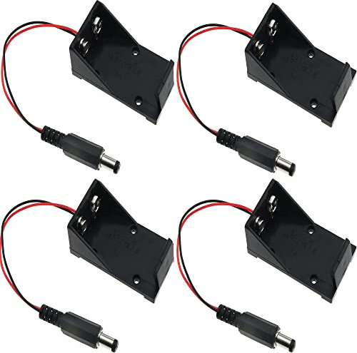 Soporte de batería de 9 V, 4 unidades, color negro, 6F22 9 V, caja de almacenamiento de batería con enchufe macho de 2,1 x 5,5 mm, cable y cables para Arduino UNO R3 batería clip contenedor