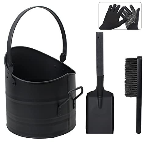 BRIAN & DANY Secchio per cenere, secchio in metallo per camini, secchio per carbone da 10 litri con pala e scopa a mano, set di accessori per bruciatori a legna, braciere, stufa a legna