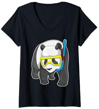 Damen Panda Taucher Schnorchel Tauchen T-Shirt mit V-Ausschnitt