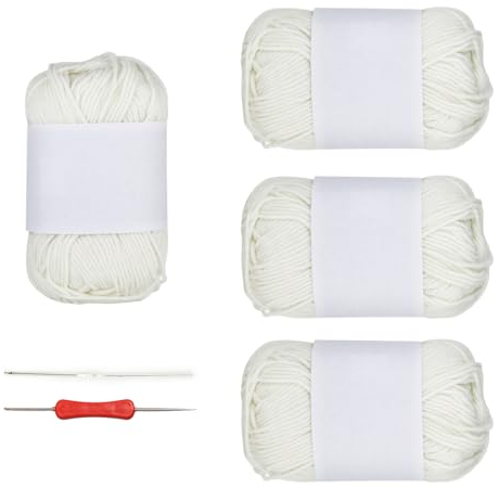Häkelgarn - 4 × 50g - Baumwolle Zum Stricken - Mit 2 Nadeln von 3 mm Durchmesser,Atmungsaktiv und komfortabel, weich und zart, geeignet für Anfänger und erfahrene Häkler (Weiß,120m×4)
