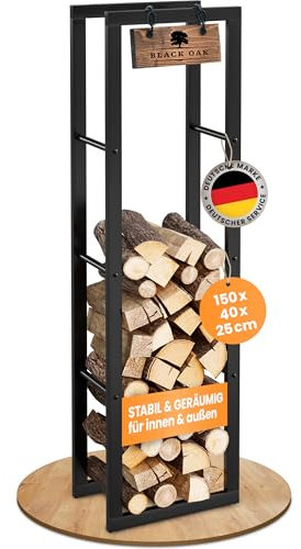 BLACK OAK Étagère à bois de cheminée Jack - 150 x 40 x 25 cm - Noir - Pour intérieur et extérieur - Jusqu'à 400 kg - Cadre en acier revêtu par pulvérisation - Étagère à bois de chauffage - Rangement