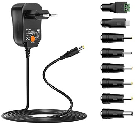 24W Universal Netzteil AC zu DC 3V 4,5V 5V 6V 7,5V 9V 12V 2A DC Netzteil mit 8 DC Steckern für Haushaltselektronik wie LED Strip Light Router CCTV Kamera, 2000mA Max.