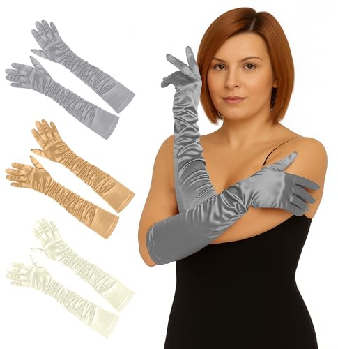 Womens Long Satin Gloves - Elbow Length Bridal Ruched Fancy Dress Wedding Evening Party Opera Gloves For Women UK, Silver, Golden, Ivory