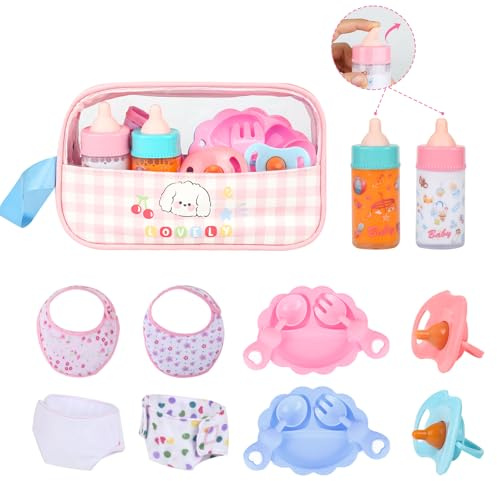 CARANOVO Baby Doll Accessories Set – 7 Pcs Feeding Bottle Toys, Magic Disappearing Milk & Juice, Pretend Play Set with Pacifiers, Reusable Bibs and Diapers, Kids Gift