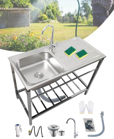 Fregadero de Cocina Comercial Acero Inoxidable 304 Independiente Fregadero Exterior Jardin Con Rubinetto E Ripiani Portaoggetti Fregaderos Industriales Per Interni Appartamenti Giardini(75x40xH75cm)