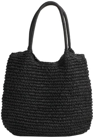 Strohtasche für Damen Summer Stroh Handtasche Strandtasche Schultertasche Geflochtene Tasche Korbtasche Tote Bag Basttasche Groß Gewebte Shopper Tasche