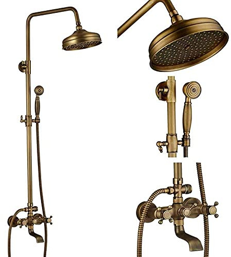 Antique Brass Shower System Set with Porcelain Knobs - Shower Column Tub Faucet Swivel Spout Dual Control Mixer Tap Complete Bath Kit