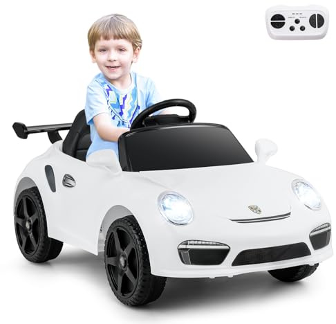 COSTWAY Porsche Elbil för Barn – 12V Elektrisk Barnbil med Fjärrkontroll, Musik, LED-Lampor, Tuta och 2 Hastigheter – Elfordon för Pojkar och Flickor från 3 År – Vit