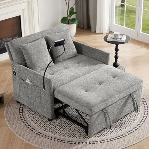 Sleeper Loveseat with USB and Type-C Ports, 3 in 1 Convertible Sofa Bed with Phone Holder, Pull Out Sofa Bed, Loveseat Sleeper Sofa for Living Room, Adjustable Backrest, Side Pockets, Light Grey