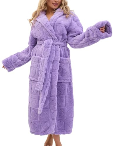Hiseng Accappatoio Donna Pile Corallo con Cappuccio, Jacquard Vestaglia Donna Invernale Lunga Elegante Calda Vestaglie con Tasche e Cintura Accappatoio Lungo per Bagno, Doccia, Sauna