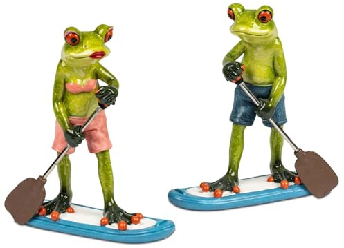 formano 2er Set Dekofigur Frösche beim Stand Up Paddling je 16x14 cm Handbemalte Dekofiguren aus Polyresin - glänzend - Lustige Wohndeko Serie Froschhausen