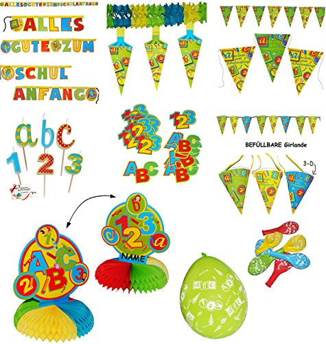 alles-meine.de GmbH XL Set - Schulanfang - Schultüte & Zuckertüten - incl. Name - Girlanden & Deko - Kinder/Partykette - Wimpelkette - Party - Schulkinder - Mädchen & Junge..