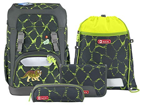 Step by Step Giant Schulranzen-Set „Dino Tres“, 5-teilig, grün, ergonomischer Tornister mit Reflektoren, höhenverstellbar mit Hüft- und Brustgurt, für Jungen ab der 1. Klasse, 23 Liter