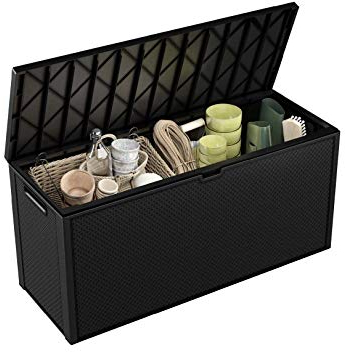 Koll Living Gartenbox mit 270 Liter Fassungsvermögen - wetterfester Stauraum, der Inhalt bleibt trocken und Wird belüftet - Moderne Flechtoptik - mit Griffen und Rollen (Grau)