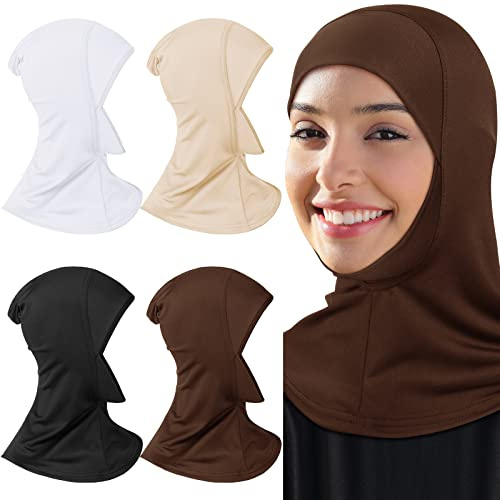 4 delar modal hijab keps justerbar muslimsk stretchig turban heltäckande sjal keps full hals täckning för dam, Svart, vit, mörkbrun, ljusröd, beige, Uncertainly