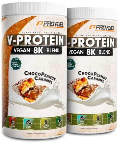Vegan Protein Schokolade-Erdnuss-Karamell 2x750g - V-Protein 8K Blend, unglaublich lecker & cremig, mit Protein aus Sonnenblume, Reis, Erbse, Hanf, Kürbis uvm. - pflanzliches Proteinpulver, 73% Eiweiß