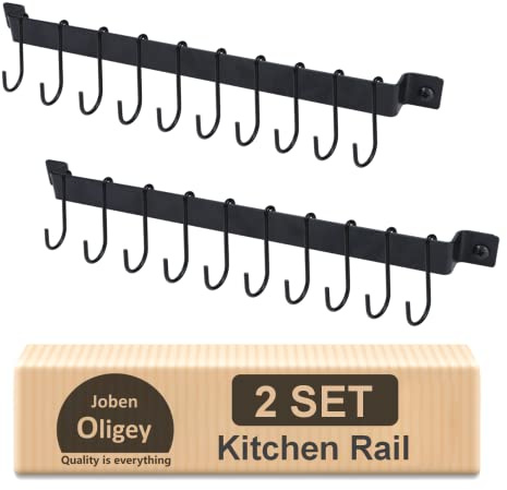 Joben Oligey Utensil Holder, Kitchen Rail with 10 Hooks, Pots and Pans Organizer Hanger, Wall Mounted Wrought Iron Hanging Black 17 Inch for Coffee Mug Rack Cup Hanging, Set of 2
