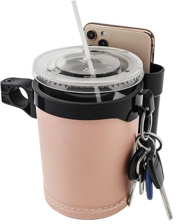 (3-in-1 Universal Bike Cup Holder with Cell Phone Case Keys Hook, Beige | Water Bottle Holder for walker/Wheelchair/Stroller/Scooter, Fits 0.87in Standards Round handlebar and 2.7in Cup Base