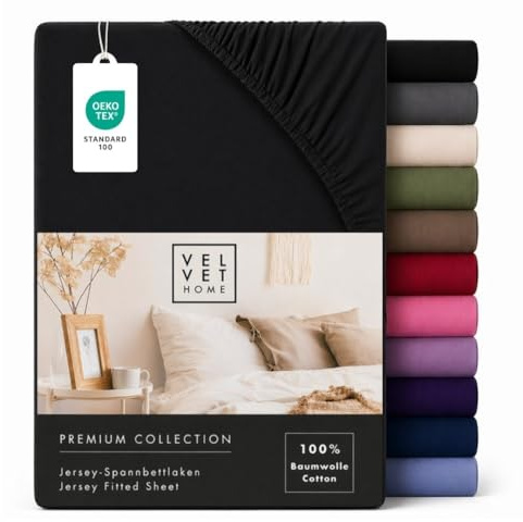 VelvetHome Spannbettlaken 200x220 cm 100% gekämmte Baumwolle, Jersey Spannbetttuch für Matratzen bis 25 cm Höhe, Oeko-Tex Zertifiziert, bügelfrei, elastisch, atmungsaktiv, weich, Schwarz