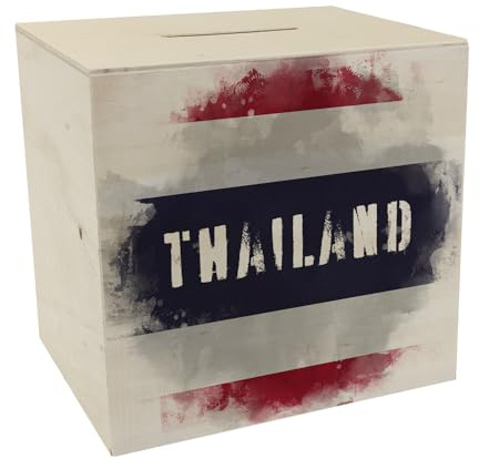 Spardose aus Holz Thailand-Flagge im Used Look - Sparschwein für Urlauber eine schöne Sparbüchse mit der thailändischen Nationalflagge verziert um auf die Reise zu sparen