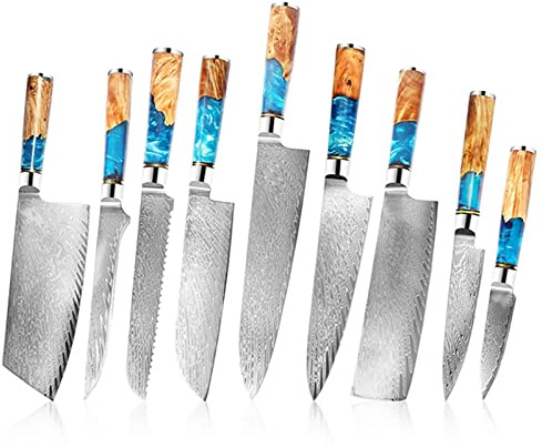 Cuchillos de Cocina de 9 Piezas Conjunto de Cuchillos de Chef de Damasco Real Santoku Gyuto Kirituske Cuchillo japonés Herramientas de Cocina de Madera Estable