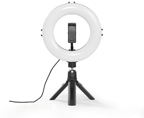 Hama LED Ringlicht mit Stativ Handy (8“ Ringleuchte, 21 cm Durchmesser, Tisch Stativ für die Kamera, Dimmbares LED Tischringlicht für Selfie, Videokonferenz, YouTube, TikTok, Fotografie) schwarz