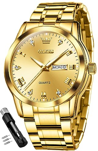 OLEVS Herrenuhren Gold Edelstahl Quarz Uhr Männer mit Diamant Gesicht Tag Datum Wasserdicht Klassische Elegante Armbanduhr Geschenk