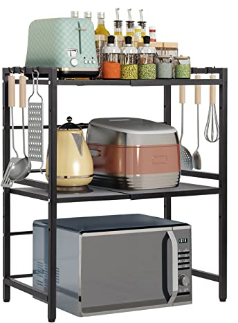 Todeco Etagere Micro Onde Extensible 3-Tier Support Micro Onde | Multifonction rangement cuisine en Métal, avec 6 Crochets, (39-64) x36x78cm, Noir