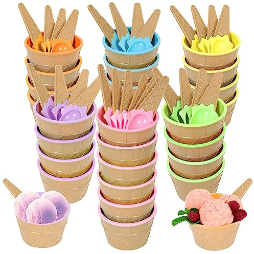 Hbaushun 26 Pack Plastic Ice Cream Bowls with Spoons,Reusable Plastic ice Cream Cups,Cartoon Candy Colorice Cream Bowls Set for Sundae Frozen Yogurt Summer Holiday Parties