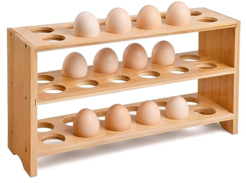3 layer Egg Storage Rack Organizer for Countertop - Bamboo Kitchen Egg Holder Basket for Fresh Eggs, Egg Container for Chicken Coop Accessories