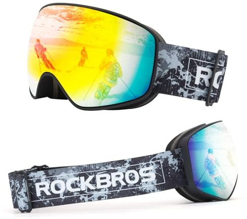 ROCKBROS Skibrille Snowboardbrille für Brillenträger UV-Schutz Goggle Helmkompatible Anti-Fog Brille Sportbrille für Skifahren Erwachsener Kind Windschutz Schwarz Erwachsener