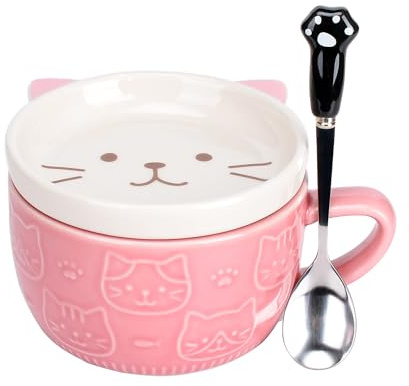 XinHuiGY Tasse à café en forme de chat mignon avec couvercle, tasse à thé en forme d'animal avec soucoupe, tasses kawaii en céramique avec porte-biscuits et cuillère, cadeaux pour femme, enseignant,