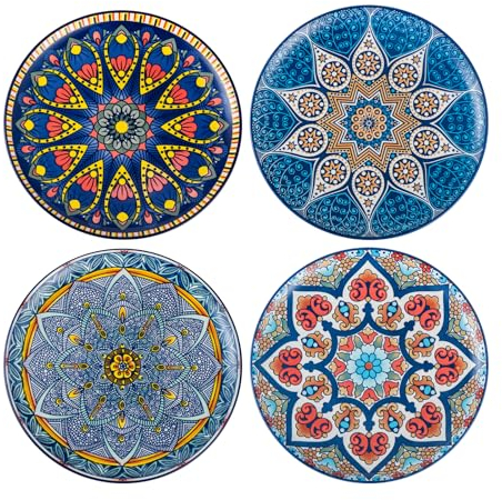 UNICASA set di piatti da dessert in porcellana, set di piatti grandi da colazione colorati per 4 persone, servizio di piatti per la cena con motivi e colori - 28 cm