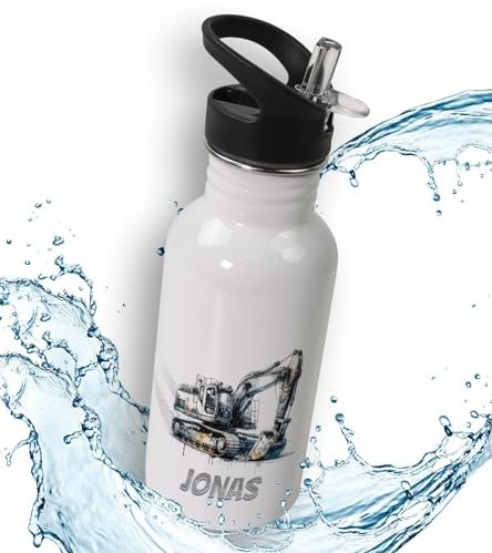 timalo® Trinkflasche für Kinder personalisiert mit Namen | auslaufsichere Edelstahl Sportflasche Kindergarten Schule Geschenk für Jungen und Mädchen 400mL | Bagger