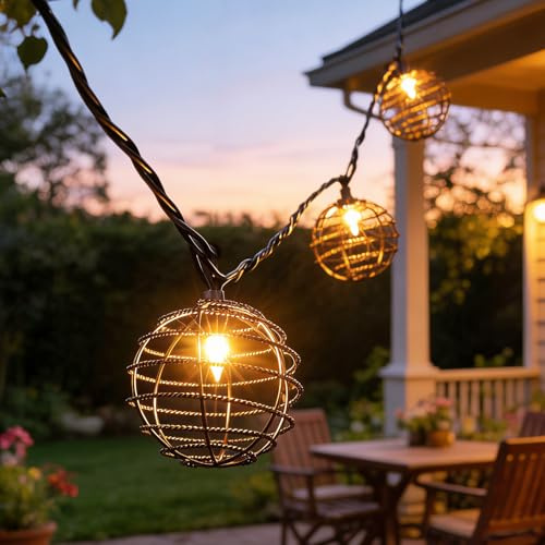 Decorative Indoor Outdoor String Lights, 10 Bulbs Patio Globe Vintage Lantern String Light, Iron Wire Twist Ball Covers, UL Listed Plug In Connectable Lights for Bedroom Porch Backyard Mantel Decor