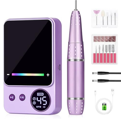 Urbuti Fresa Per Unghie Professionale,Fresa Per Unghie 45000 Giri/Min,Trapano Elettrico Per Unghie Con 11 Punte Display Led,Lime Per Unghie Portatili Unghie Acriliche E Gel,Manicure E Pedicure (Viola)