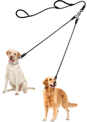 PetBonus Rope Double Dog Leash, No Tangle Dual Leash, Reflective Walking Training Lead with Two Comfortable Padded Handles, Lead Coupler for Medium Large Dogs (55-200 lbs, Black Grey)
