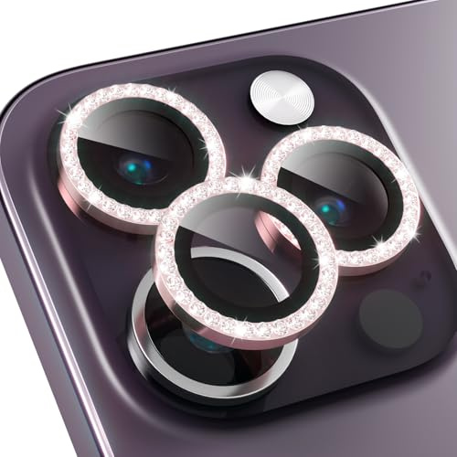 CasurvivePro Compatible with iPhone 13/iPhone 13 Mini Diamond Encrusted Phone Lens Protector, Anti-Scratch No Bubble HD Tempered Metal Glass Camera Screen Protector Accessories Pink