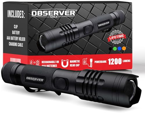 Observer Tools LED Rechargeable Flashlight, 1200 Lumens Tactical Flashlight, high Power Survival Flashlight with Back-up Power, Magnet, Zoom, Waterproof Flashlight, Black, OBS-FL1-V2