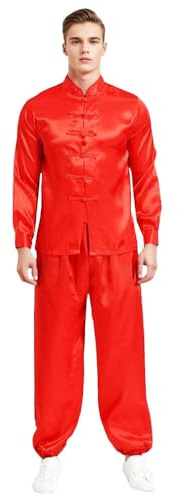 KKmeter Mens Martial Arts Suit Chinese Traditional Tang Suit Long Sleeve Yoga Top with pants Clothes Outfit (Red, 2X-Large)