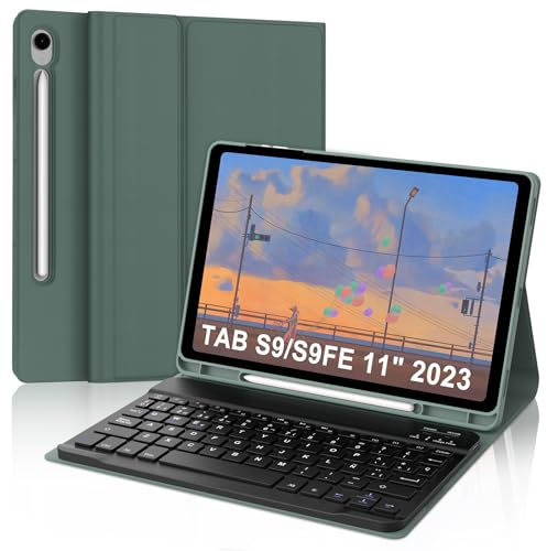 SENGBIRCH Teclado para Samsung Galaxy Tab S10 FE 10.9, Funda Teclado Galaxy Tab S10FE 2025, España Ñ Bluetooth Desmontable Keyboard para Samsung Tablet S10FE/S9FE 10.9 Pulgadas, Verde Oscuro