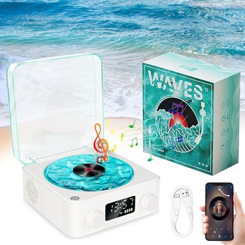 MeYuxg Waves vinylspelare, vinylskivspelare med vattenvågor lampa, vågor vinyl bluetooth skivspelare, ny bärbar trådlös retro skivspelare för sovrum, kontor, fest (vit)
