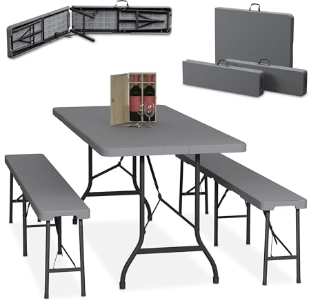 Relaxdays Ensemble Table Pliante et 2 bancs, pour Jardin, pavillon ou Camping, 180 cm, pour Les fêtes, Gris