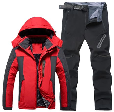 Tuta elasticizzata da uomo invernale calda e giacche da uomo oversize isolata e giacche e pantaloni set adatto per lavoro all'aperto, sci, pesca e moto, tuta estiva, Rosso, 6XL