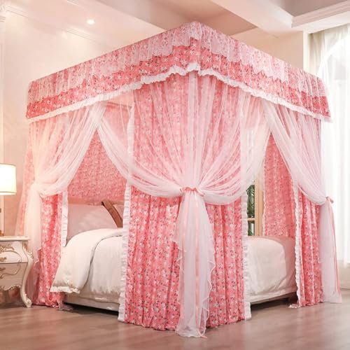 Luxuriöser Betthimmel mit 4 Ecken, für Mädchen und Erwachsene, Moskitonetz-Vorhang für King-Size-Bett, Blume, Rosa, ideal für Schlafzimmer, Kinderzimmer, Doppelbett, Queensize-Betten