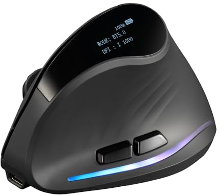 zelotes Trådlös Bluetooth-mus med skärm, uppladdningsbar trådlös mus, 4000 DPI, BT 5,0/3,0 + 2,4 GHz, 7 knappar med USB-mottagare, RGB, vertikal ergonomisk mus trådlös för bärbar dator, PC