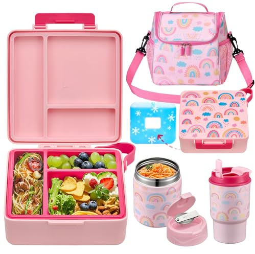 Bento Lunch Box for Kids with 17oz Soup Thermo,Insulated Tumbler Water Bottle and Insulated Lunch Bag,Leak-Proof 3 Compartment Lunch Food Container with Ice Pack for Kids to School-Rainbow