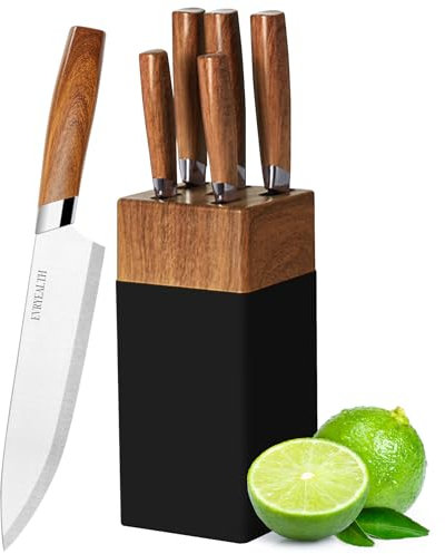 Knife Set - 5 Piece Kitchen Knife Set with Knife Block, Wood Grain Handle, Sharp Stainless Steel Chef, Bread, paring, Utility.