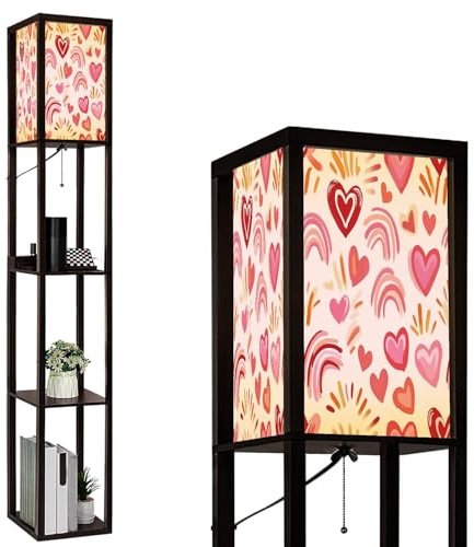 Floor Lamp with Shelves Rainbow cute little hearts subtle color palette pink coral peach pink Standing Tall Lamp USB Ports & Power Outlet Modern Corner Lamp Nightstand Light for Living Room Bedroom