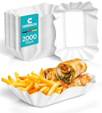 Commerline Pommesschalen aus Pappe, 250 Stück, Pappschalen Einweg | 14 × 9 × 3 cm, Pommes Schalen, Currywurst Schale, Wurstpappen, rechteckig, für Imbiss, Street Food & Gastronomie
